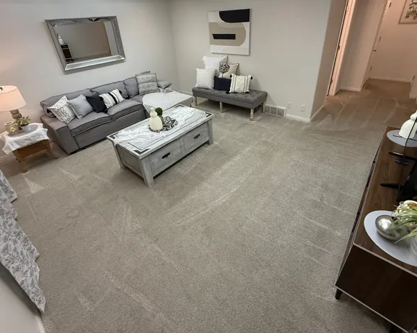 Neutral tone wall paint, carpeted flooring, and a decorative wall mirror