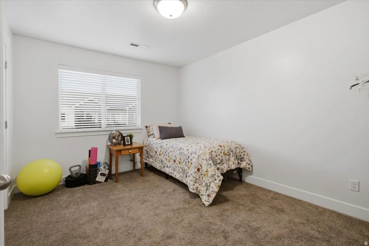 Neutral wall color, window with blinds, carpeted flooring, and a flush-mount ceiling light fixture