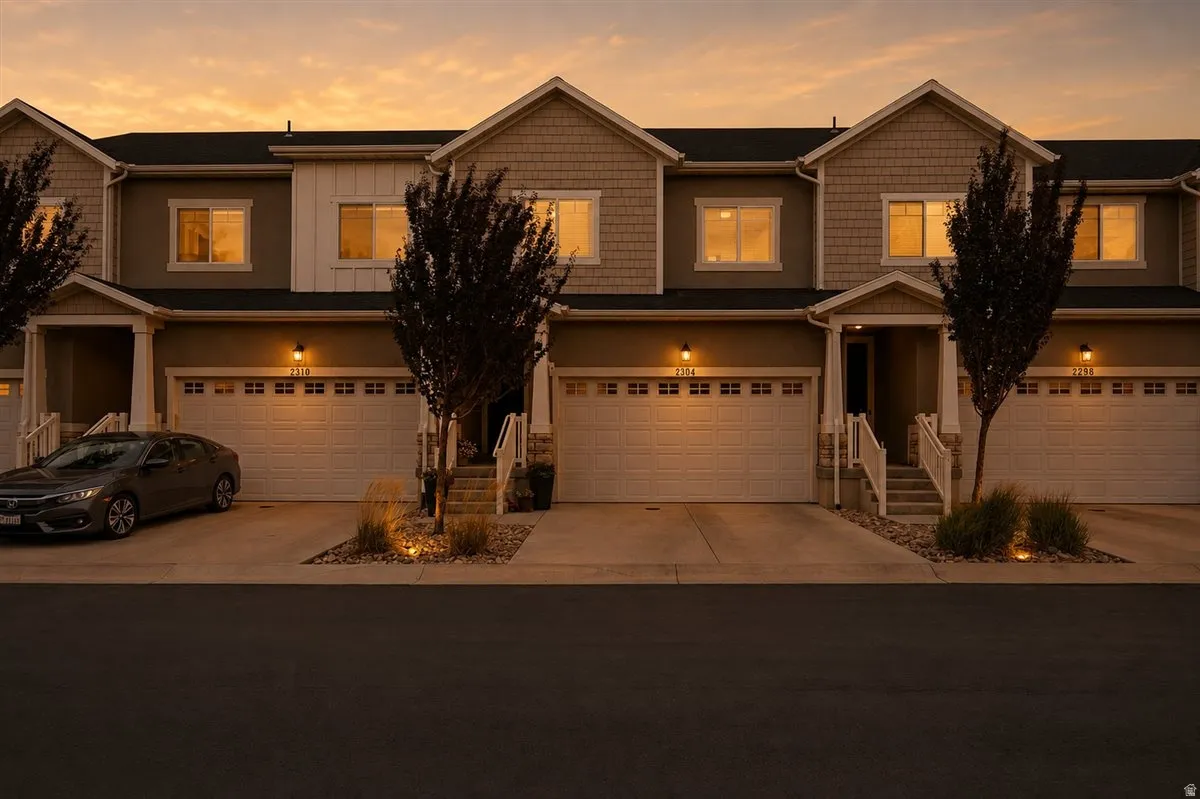 Two-story townhome exterior featuring an attached two-car garage, covered entry with stairs, and integrated landscaping with accent lighting