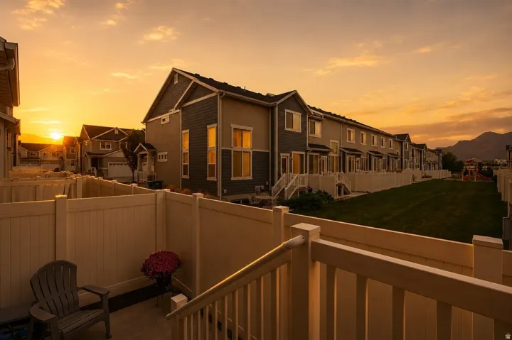 Private patio with light-colored fencing and railing