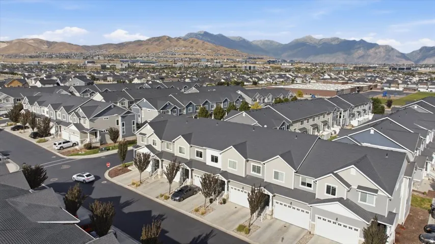 Townhome community with multiple architectural styles, pitched roofs, attached garages, and landscaping