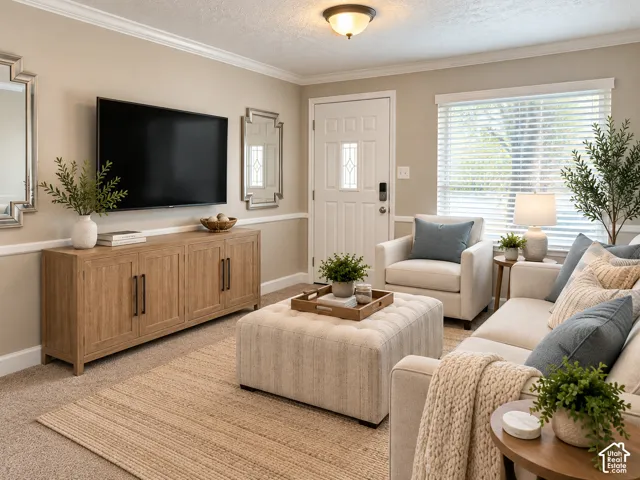 Crown molding, chair rail molding, recessed panel door, wood-finish flooring, and a large window with blinds