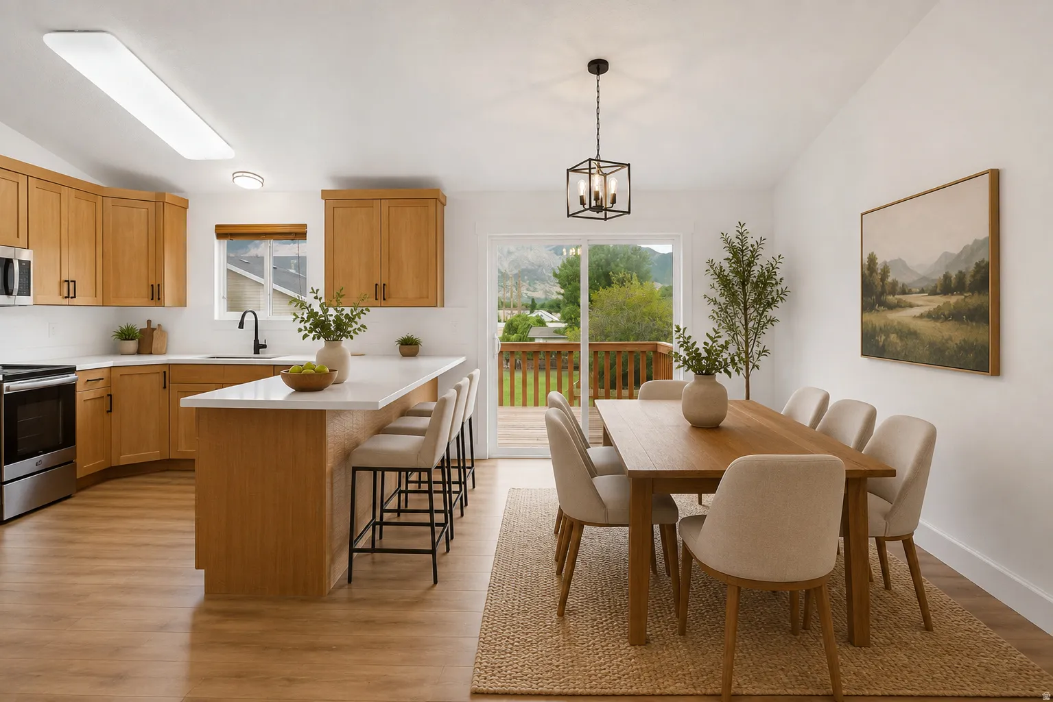 Kitchen featuring wood-finish cabinetry, stainless steel appliances, and a central island with counter seating