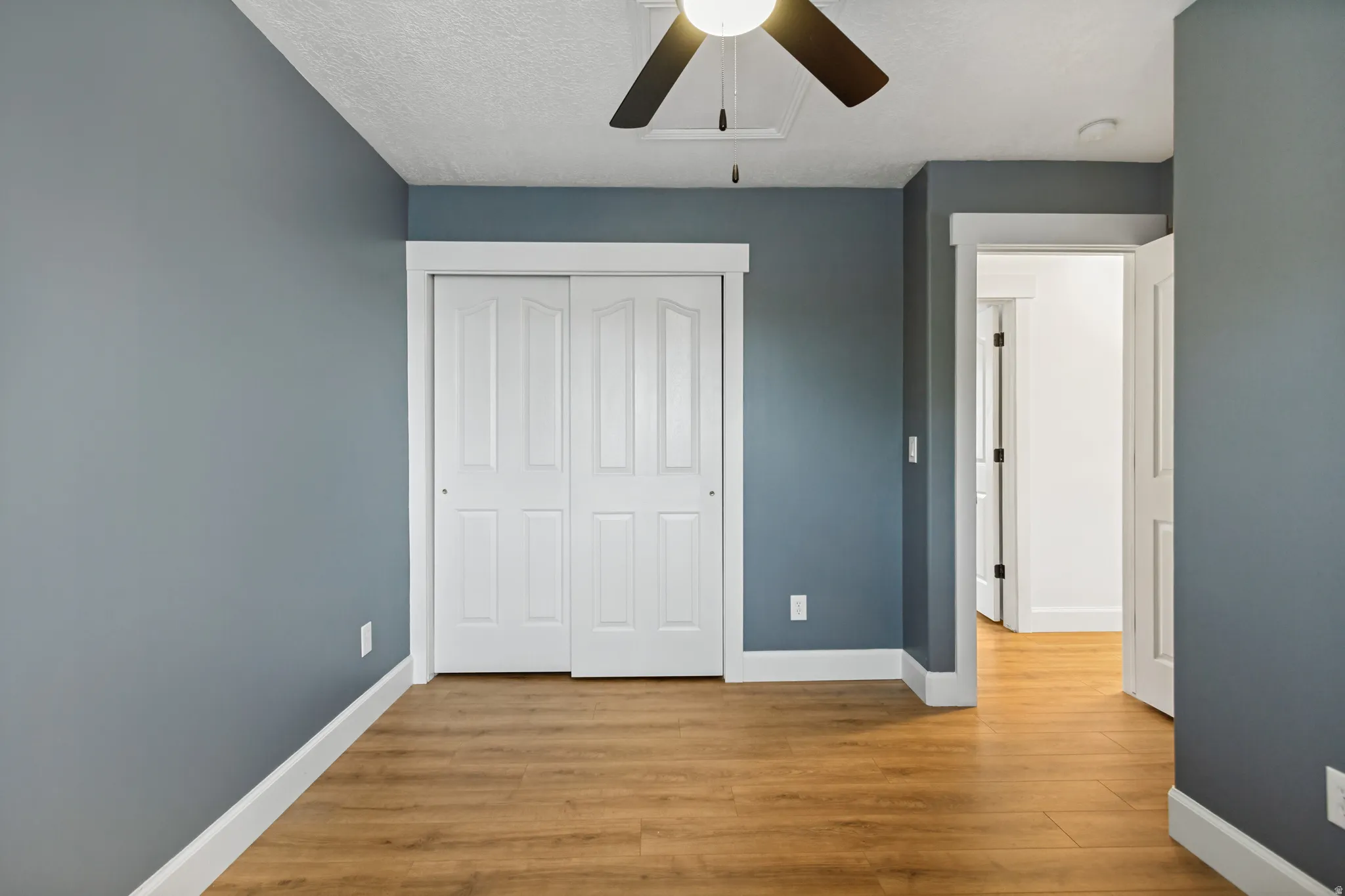 Wood-finish flooring, neutral gray wall tones, white trim, and a ceiling fan