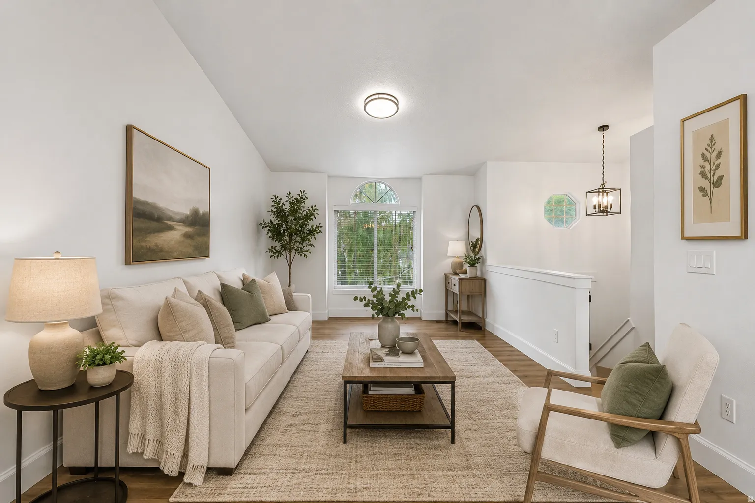 Vaulted ceiling living area with wood-finish flooring, an arched window, and recessed lighting