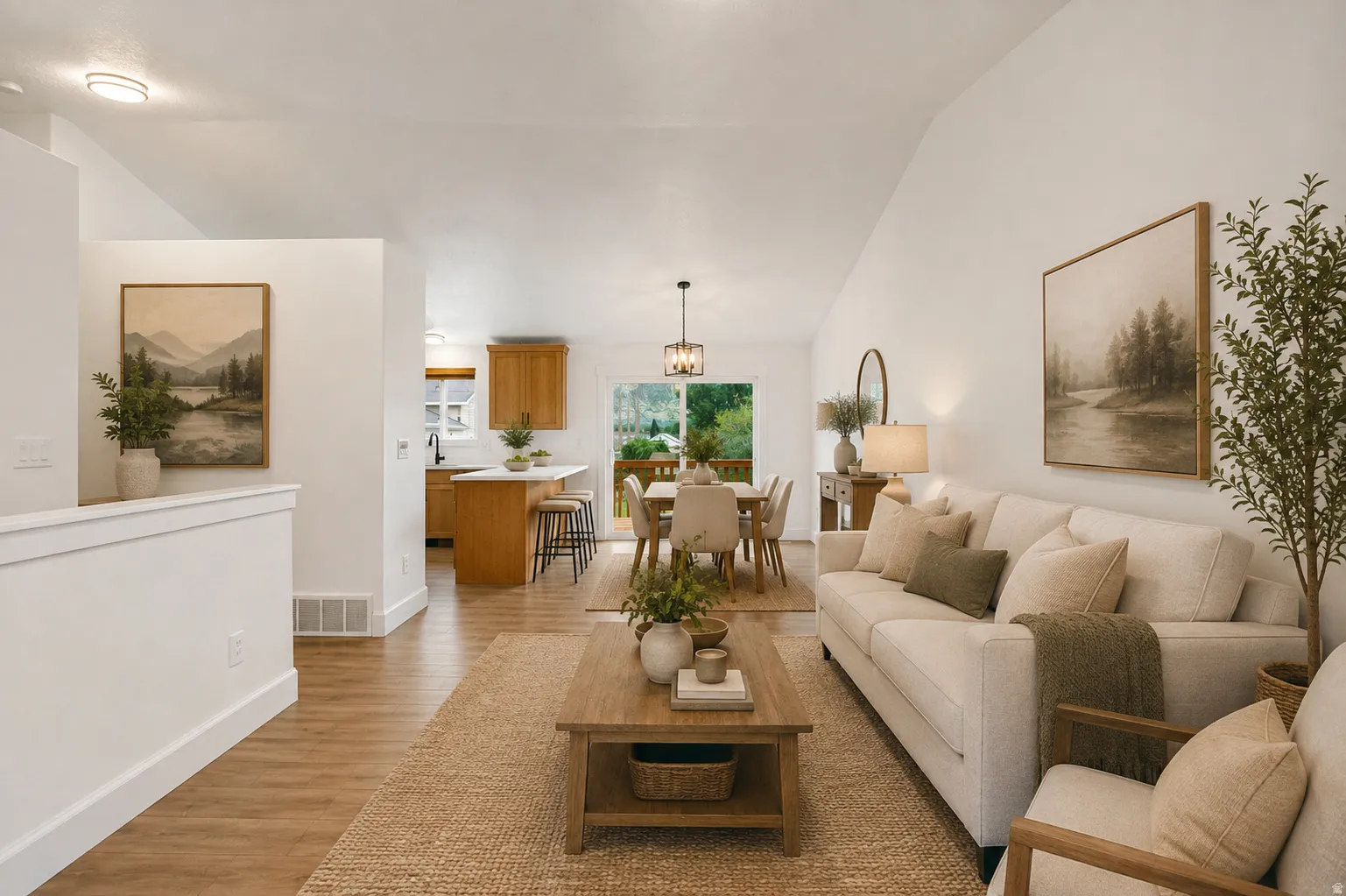 Vaulted ceilings complement the wood-finish flooring