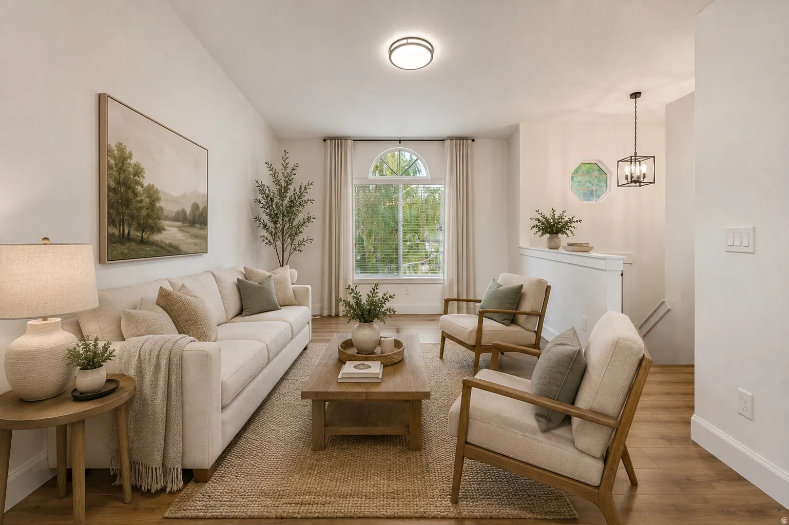 Vaulted ceilings with a flush-mount light fixture, wood-finish flooring, and an arched window with drapery