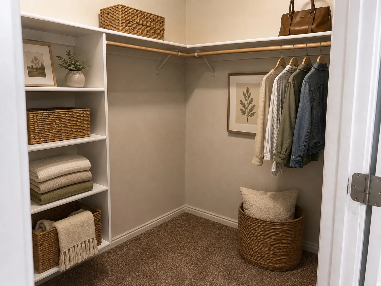 Primary suite walk in closet with built-in shelving and hanging rod storage within a carpeted closet