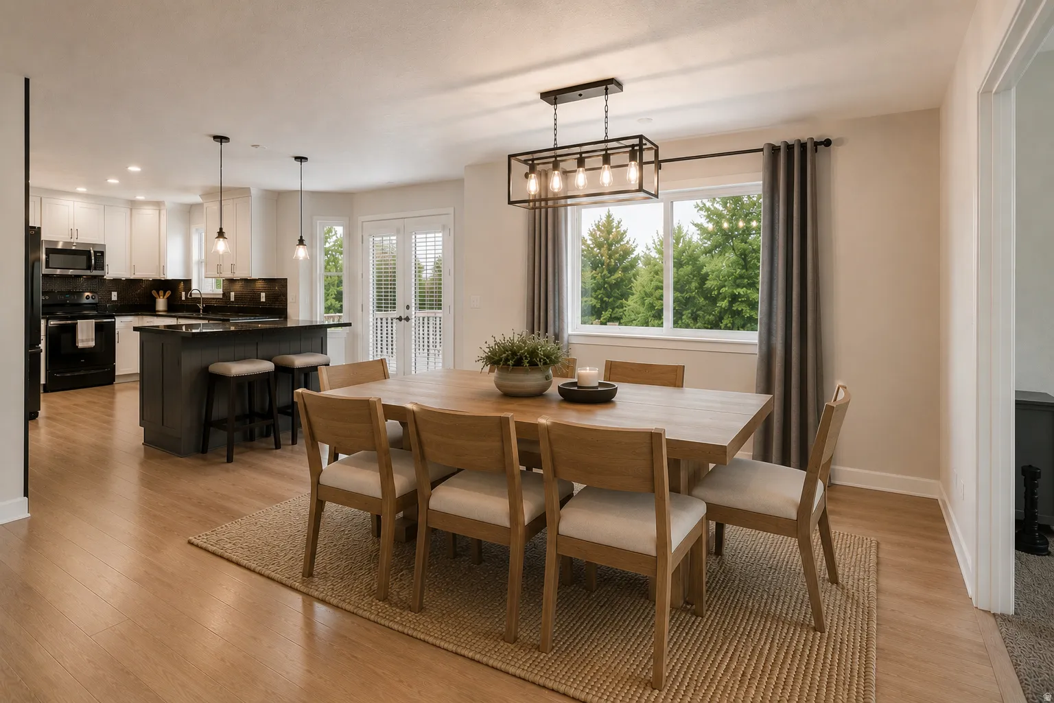 Open kitchen and dining area, French doors to large valley-view deck, kitchen island, abundant cabinets and counter space, large windows, custom decorative wall, and plenty of natural light