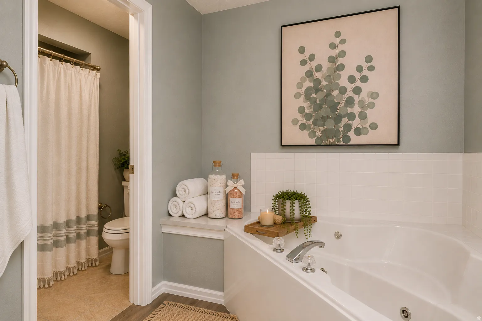Large, spa-like primary en suite with a  oversized soaking tub, separate shower, and private toilet area