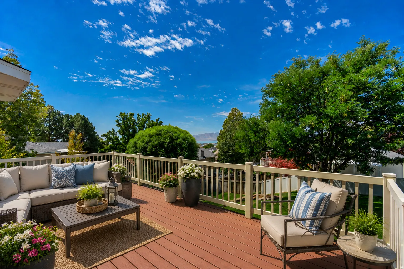 Expansive outdoor deck with wood-finish flooring and railing system