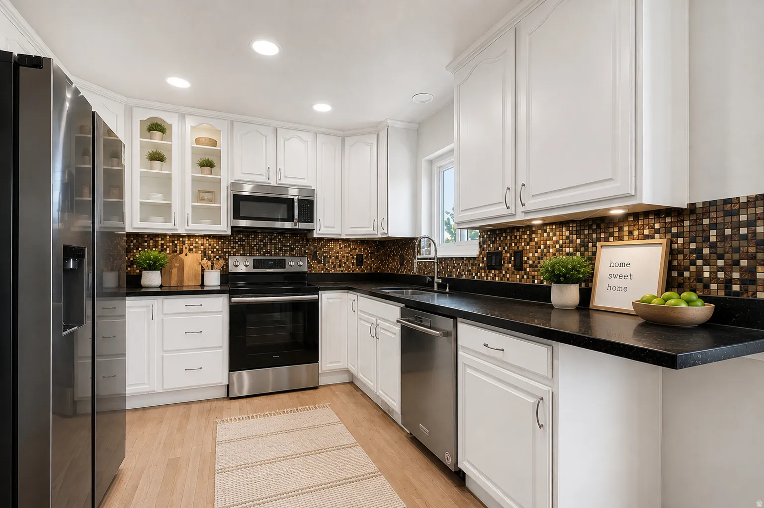 Open kitchen and dining area, French doors to large valley-view deck, kitchen island, abundant cabinets and counter space, large windows, custom decorative wall, and plenty of natural light