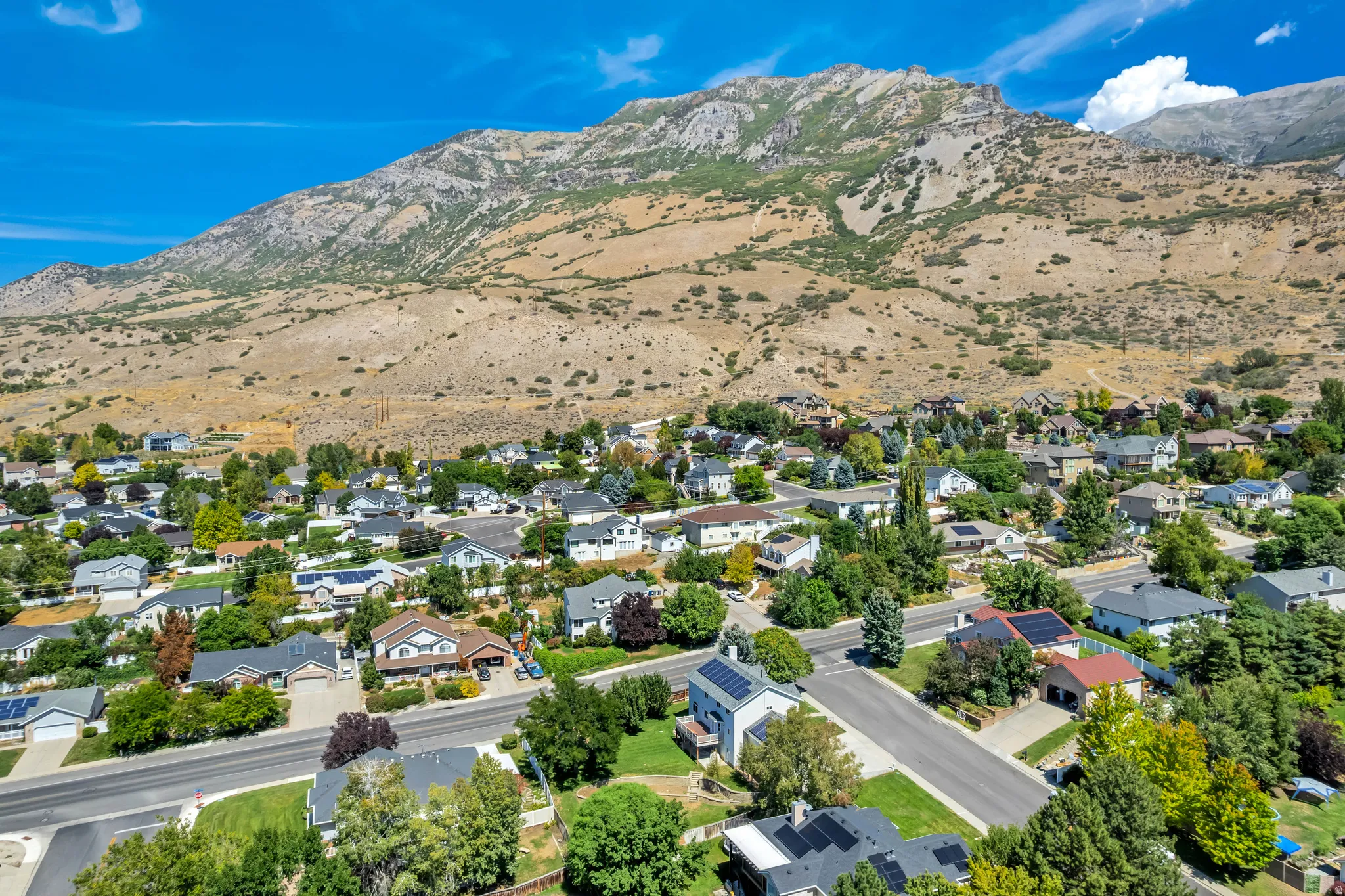 Residential neighborhood with mountain backdrop