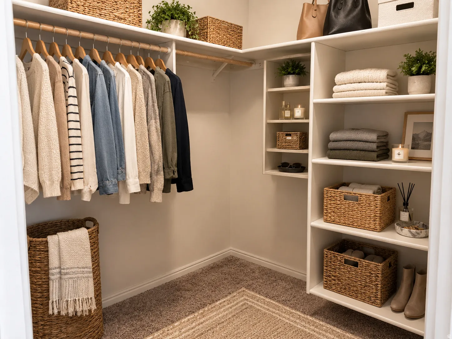 Primary suite walk in closet with built-in closet system featuring hanging rods, custom shelving, and carpet flooring
