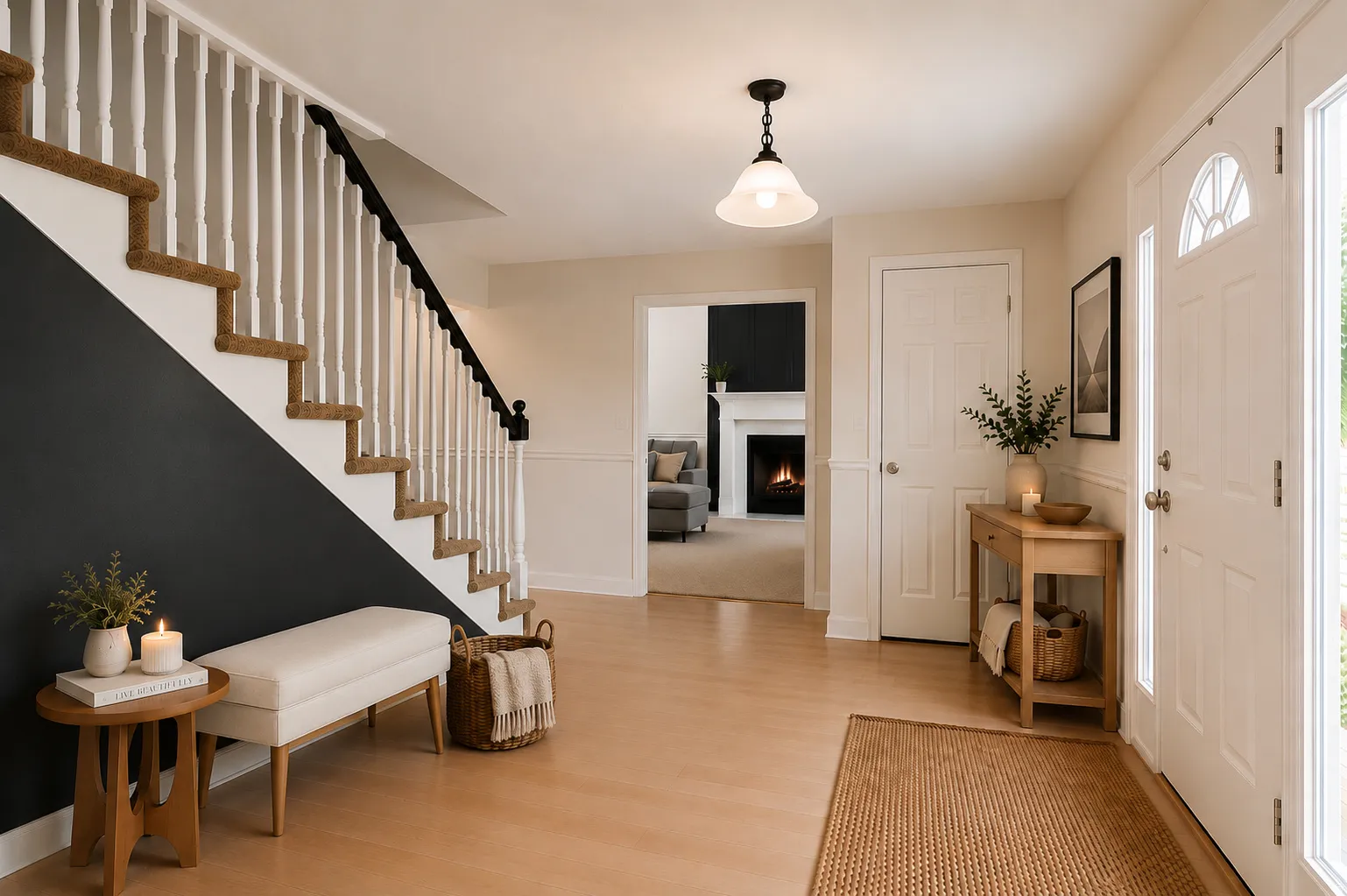 Large entryway featuring light hardwood flooring  and french doors door into spacious living room