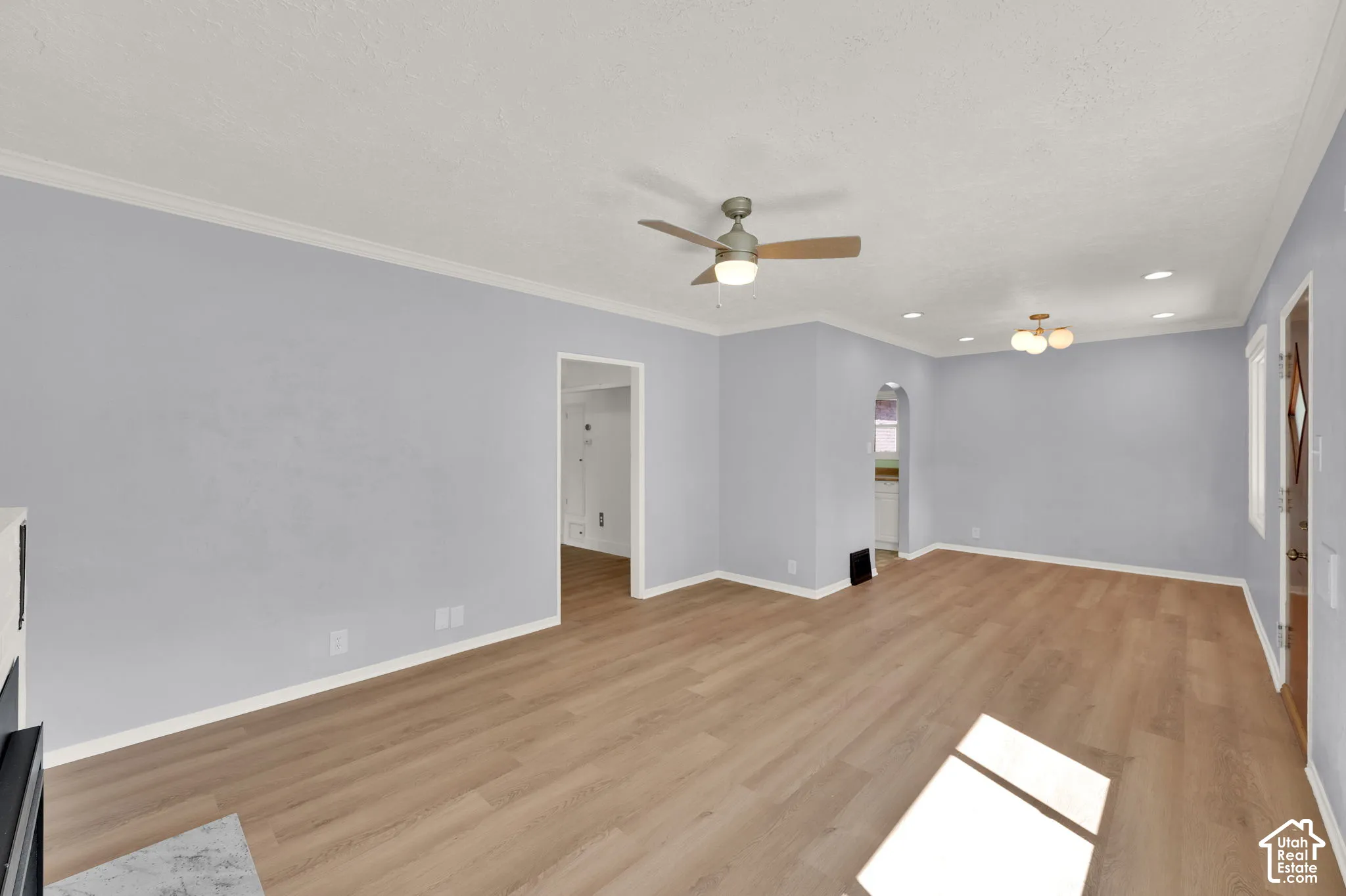 Spacious room featuring wood-finish flooring, crown molding, and a ceiling fan