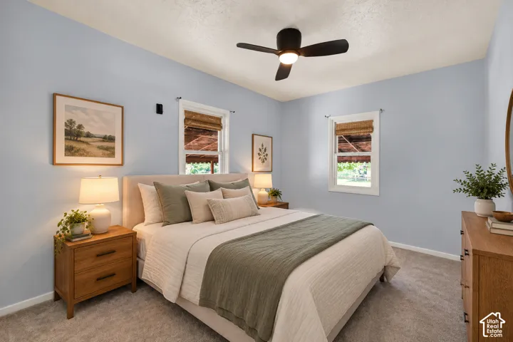 Light blue walls with white trim, a dark-toned ceiling fan, and two windows with natural woven shades