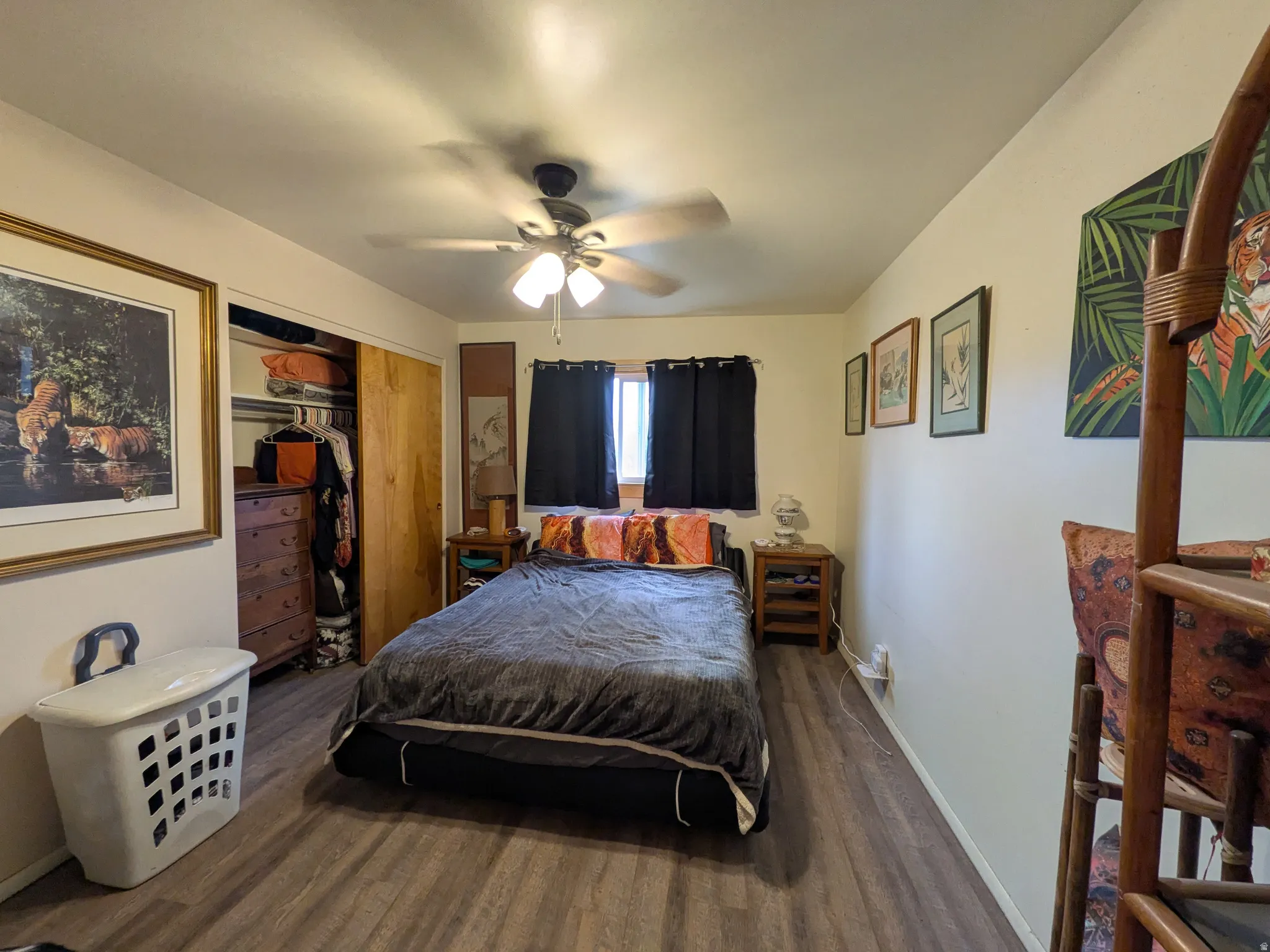 Wood-finish flooring throughout the room