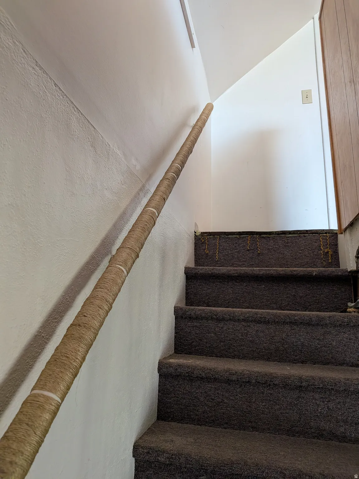 Carpeted staircase with a rope-wrapped handrail and painted walls