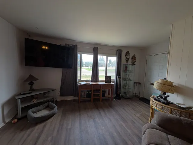 Wood-finish flooring, multiple windows with drapes, and a paneled entry door