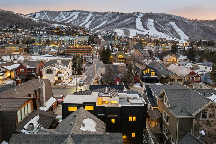 Residential neighborhood with varied architectural styles and snow-capped mountains