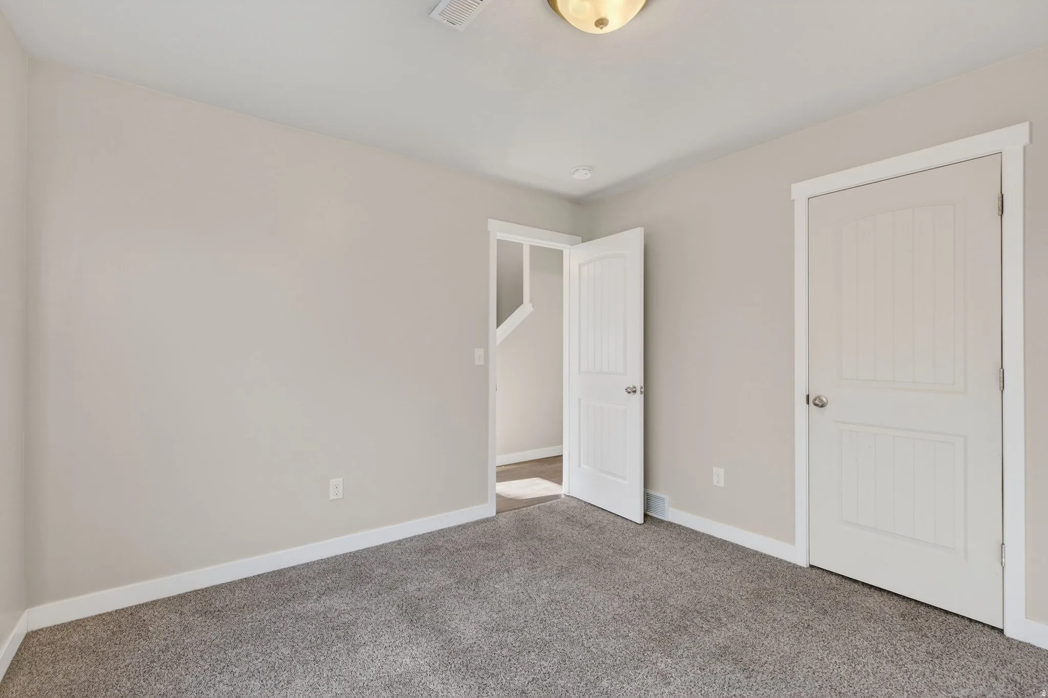Neutral tone wall paint, textured carpeting, white trim, and white paneled doors