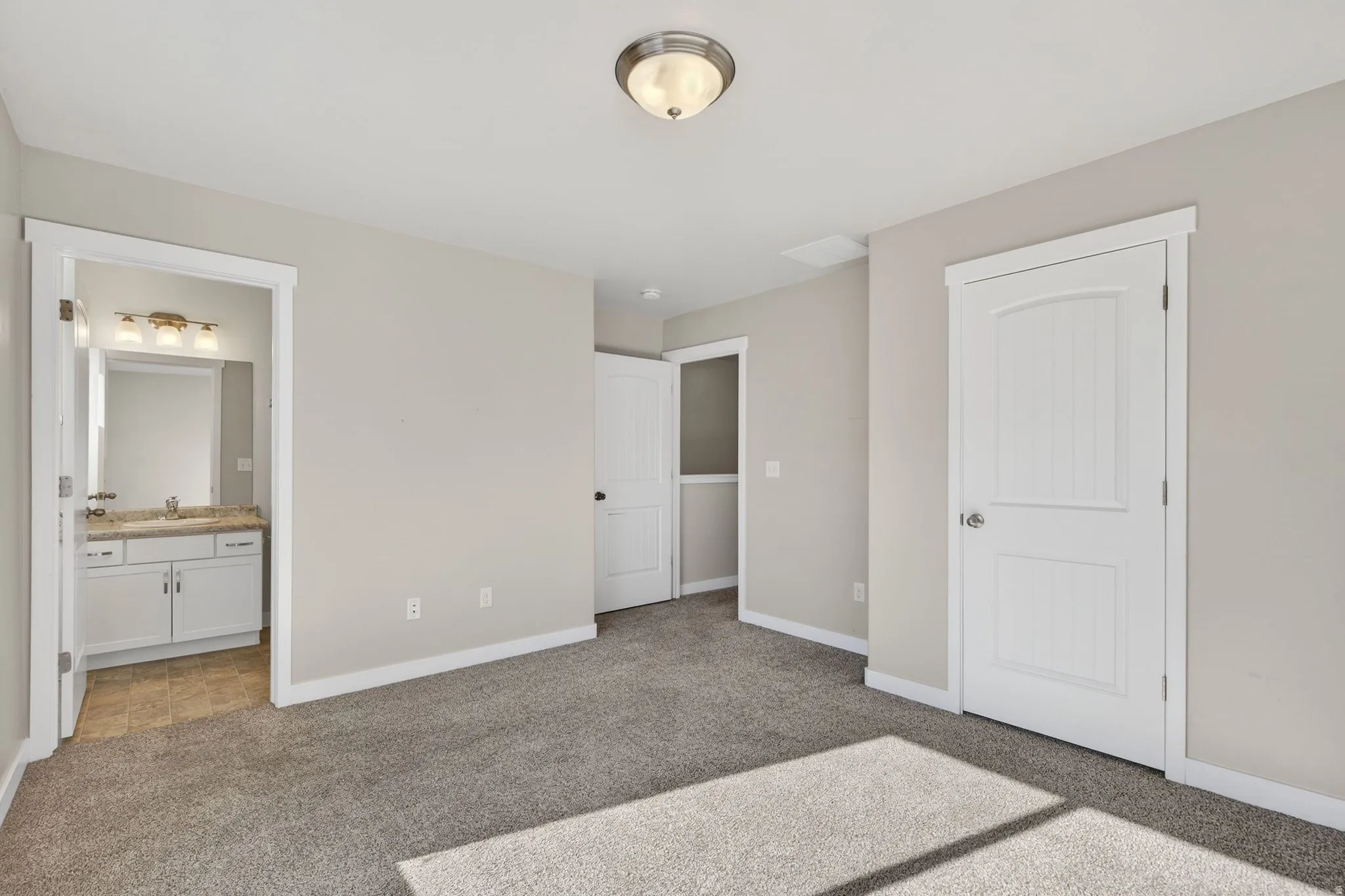 Plush carpet flooring, white paneled doors, ceiling-mounted light fixture, light gray wall paint, and white baseboards