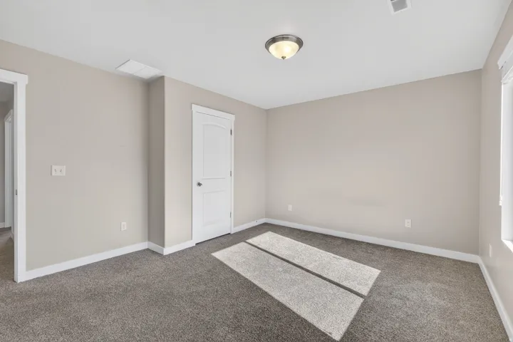 Neutral tone wall paint, textured carpet flooring, white trim, a flush mount ceiling light fixture, and a paneled interior door