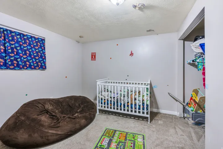 Wall-to-wall carpeting with built-in closet shelving and a window with roller blinds