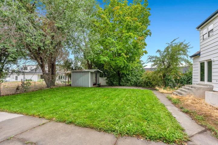 Expansive lawn area with mature trees, a detached storage shed, a concrete walkway, and a chain-link fence