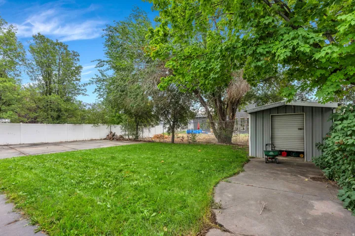 Expansive lawn area, detached storage shed with roll-up door, mature trees, concrete driveway, and privacy fencing