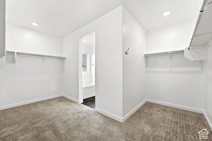 Carpeted walk-in closet featuring recessed lighting, white walls, and built-in shelving with hanging rods