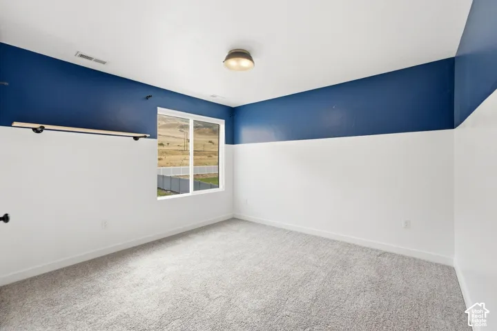 Wall-to-wall carpeting and a two-tone wall design with a window providing exterior scenery