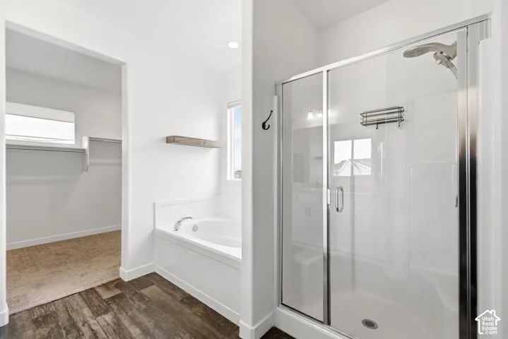 Glass-enclosed shower with chrome fixtures, built-in soaking tub, wood-finish flooring, and a spacious walk-in closet