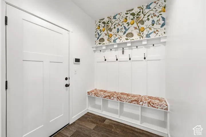 Welcoming entryway featuring white shaker-style cabinetry with cubbies and a cushioned bench seat, dark wood-finish flooring, and decorative wall-mounted hooks