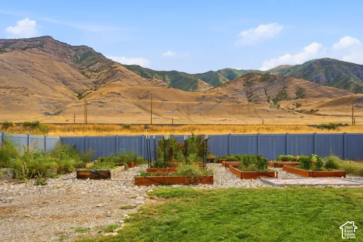Backyard featuring multiple raised garden beds, gravel pathways, a sod lawn, and a privacy fence
