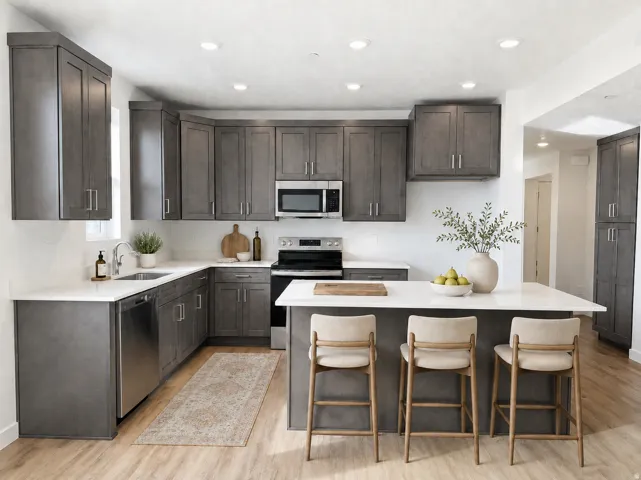Modern kitchen featuring gray cabinetry, stainless steel appliances, white countertops, and a central island with seating