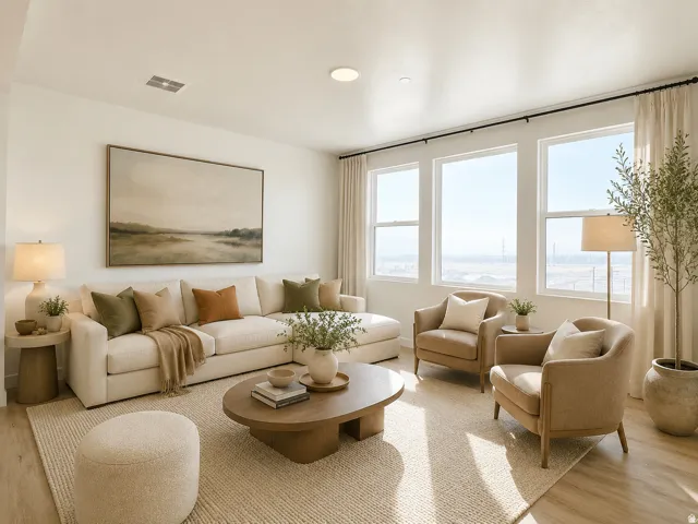 Expansive living space featuring a wood-finish flooring, recessed lighting, and large windows with abundant natural light