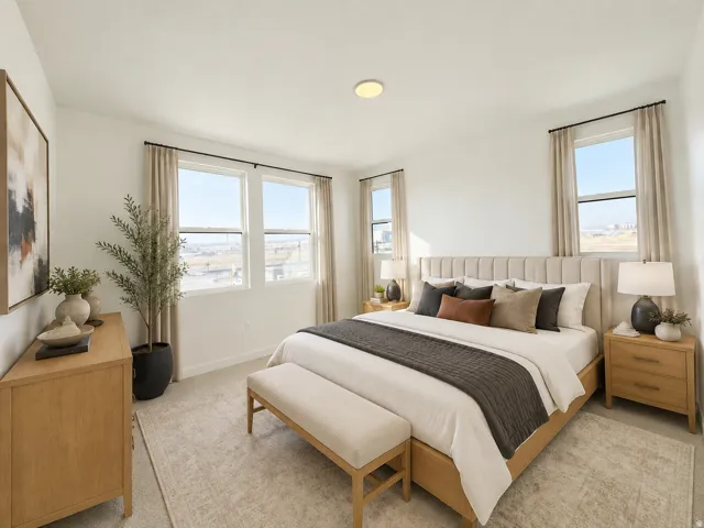 Recessed ceiling light fixture, multiple windows with roller blinds, wood-finish flooring, and light-colored walls