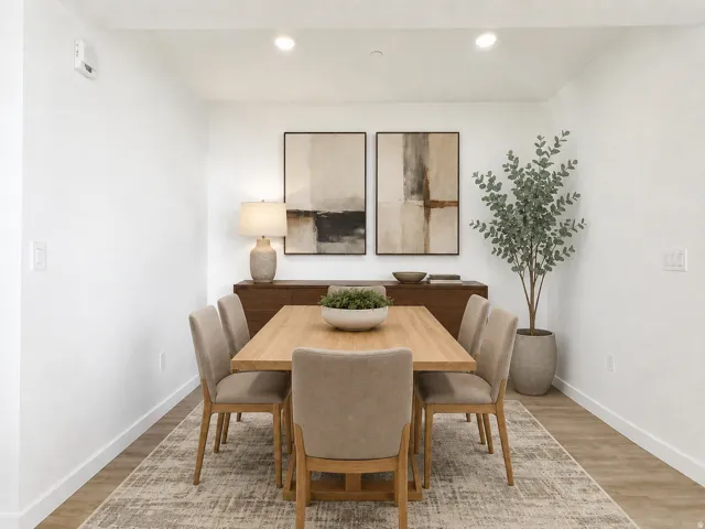 Recessed lighting, wood-finish flooring, and white walls