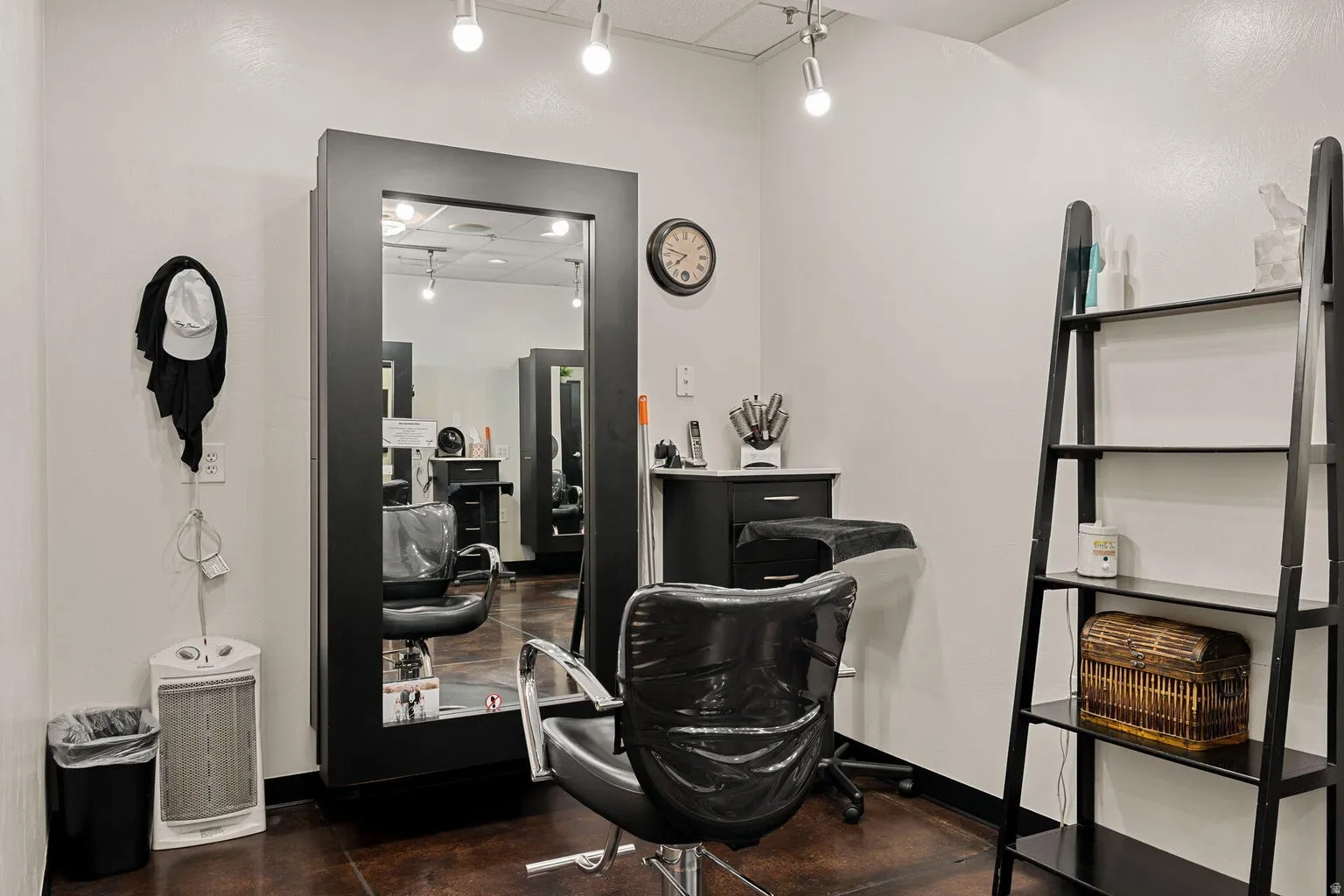 Track lighting illuminates the space
