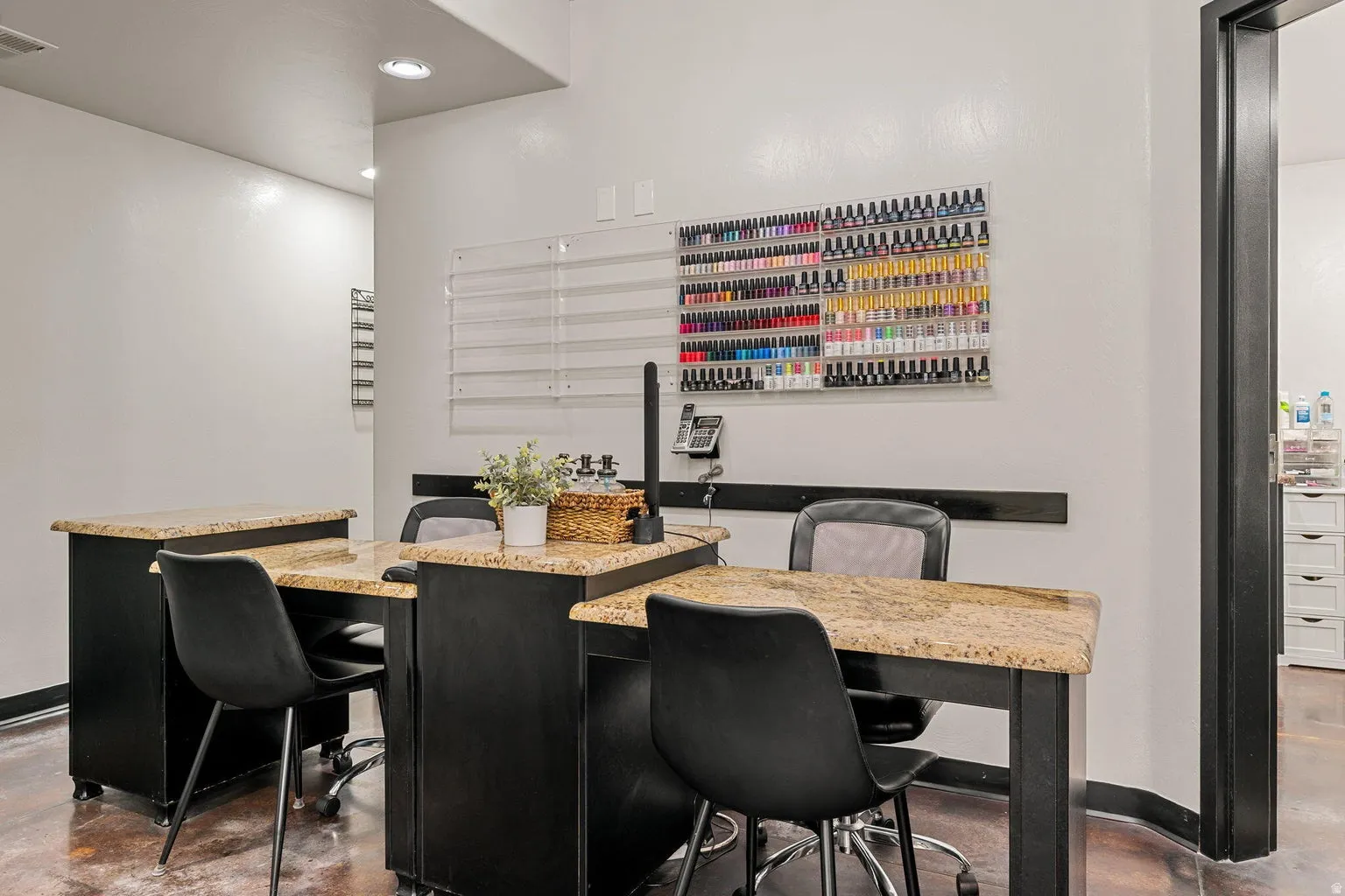 Dual workstations with light-toned countertops