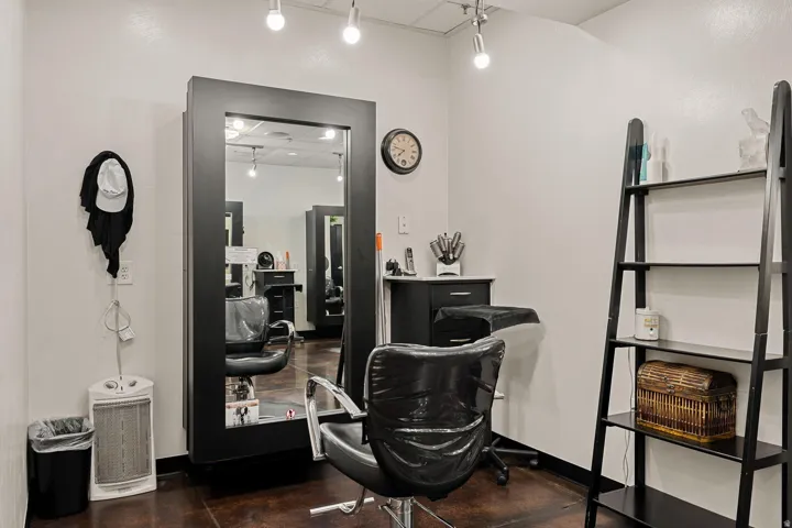 Track lighting illuminates the space