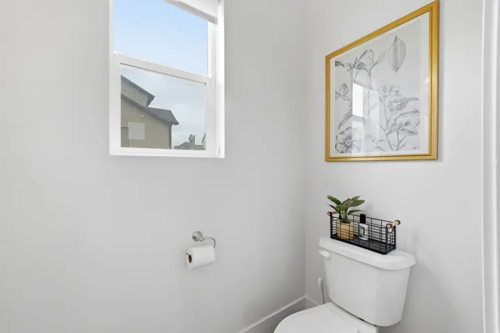 White walls with a window and a gold-framed botanical print