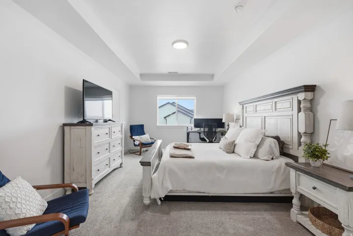 Tray ceiling with recessed lighting, neutral wall tones, carpeted flooring, and a window providing natural light