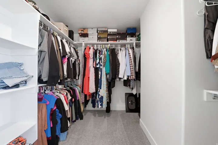 Walk-in closet featuring built-in shelving, multiple hanging rods, and carpeted flooring