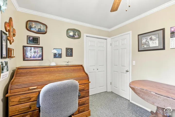 Bedroom/Office with built in desk and shelves make it an easy conversion into either!