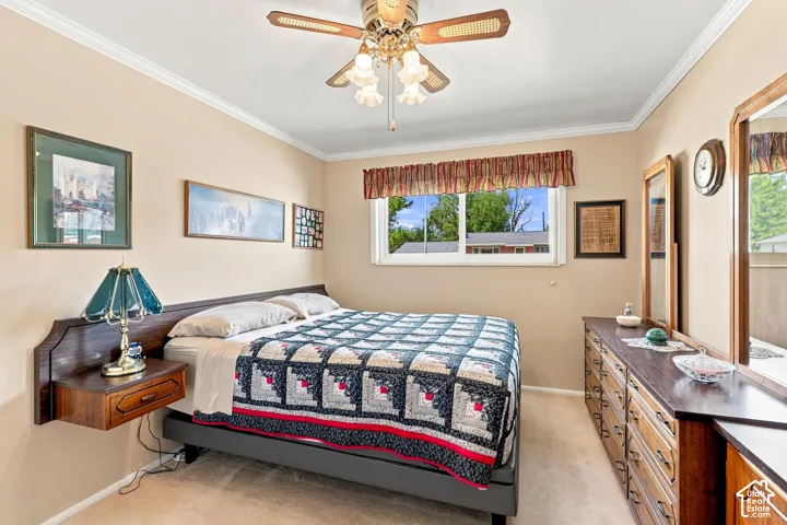 Neutral wall paint, crown molding, ceiling fan, carpeted flooring, and a window with exterior views