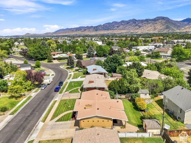 Residential neighborhood with mature trees, mountain backdrop, and paved streets