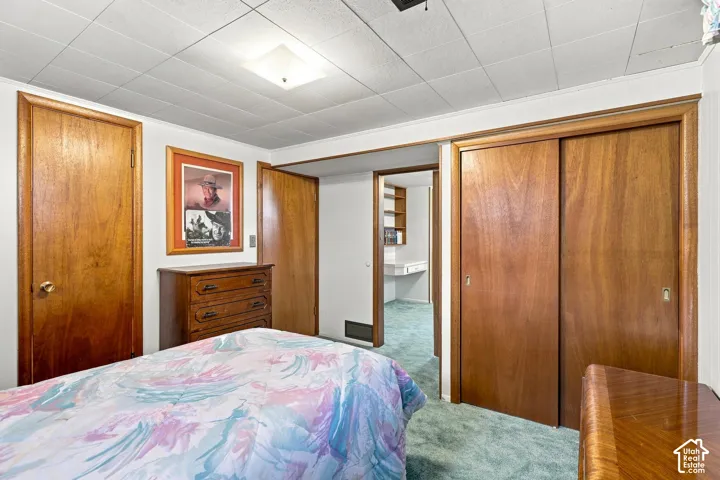 Wood-finish interior doors, carpet flooring, a drop ceiling with recessed lighting, and a built-in closet with sliding wood-finish doors